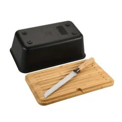 Brotbox mit Bambus-Schneidebrett und Messer