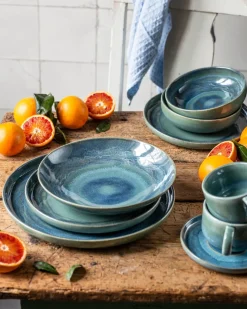 Dessertteller-Set, Steinzeug TIEFER SEE Blau / Grün