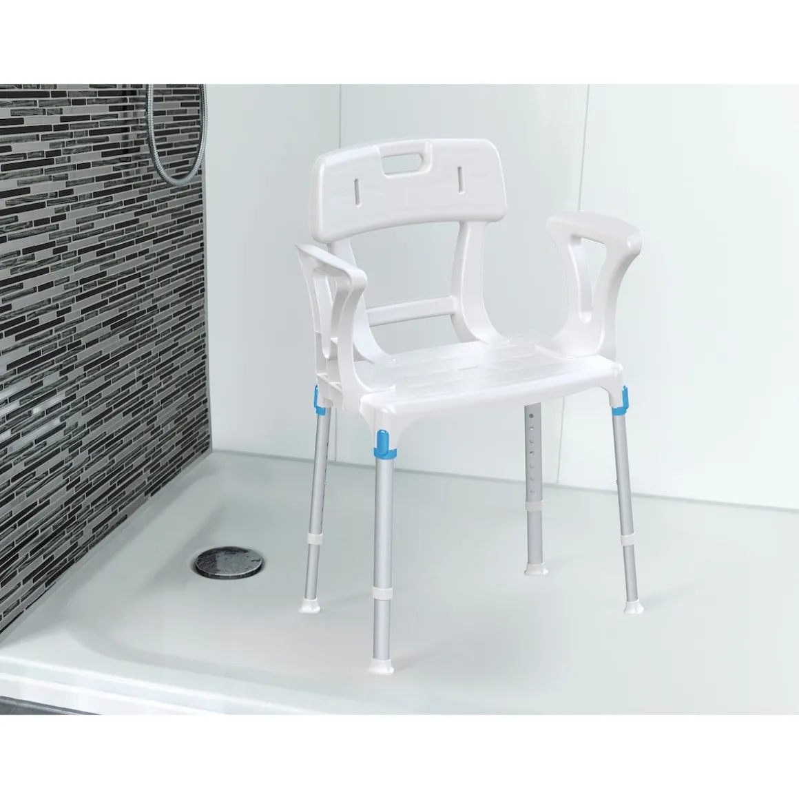 Duschhocker "laguna" mit Hygieneausschnitt, Armlehne, Rückenlehne