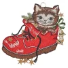 Fensterbild-Stickerei aus Plauener Spitze Katze im Weihnachtsschuh