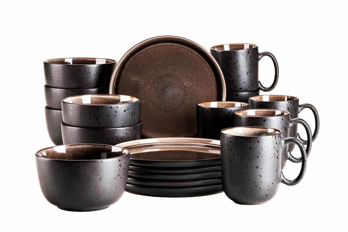 Frühstücksset, Steinzeug NIARA Schwarz / Grau