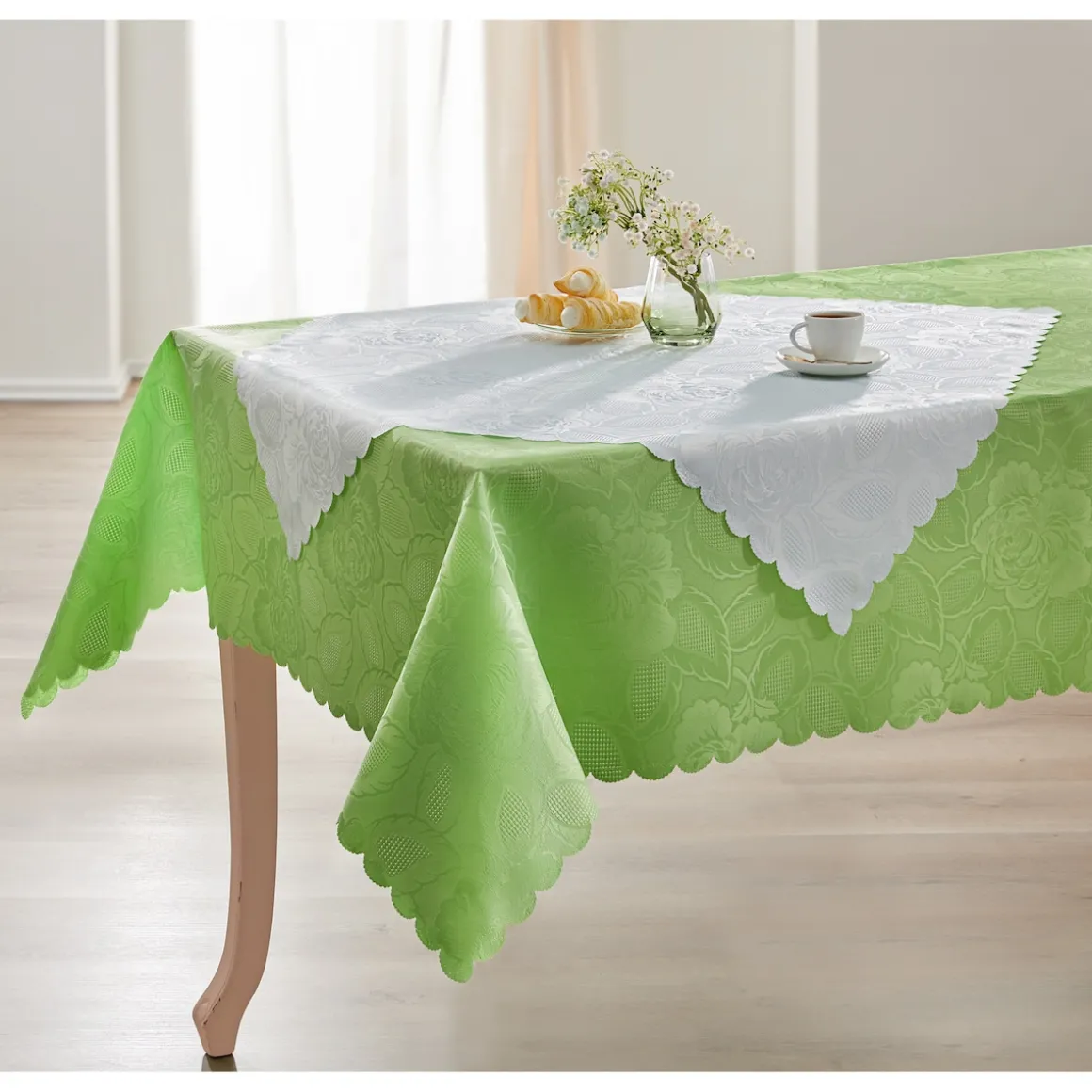 Jacquard-Tischdecken-Set "Jasmin", Tischdecke 160x130 cm + Mitteldecke 80x80 cm grün