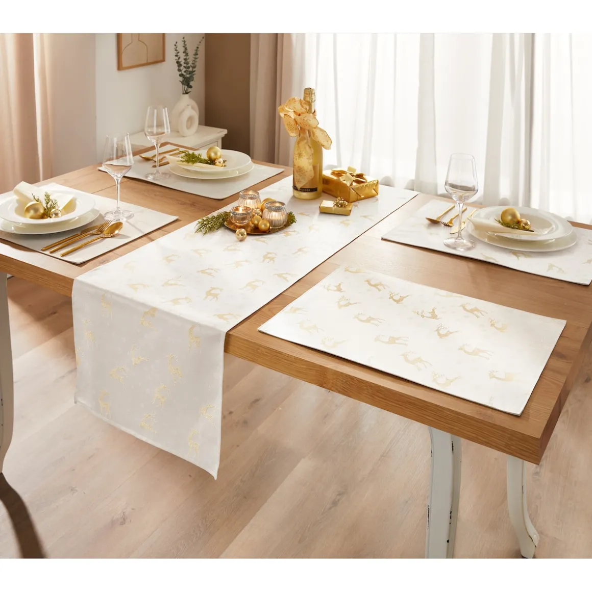 Jacquard-Tischläufer, 140x40 cm & Platzset, 2 Stück „Rentierzauber“