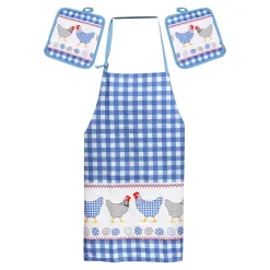 Küchentextilien-Set Schürze & Topflappen „Hühner“, 3-teilig