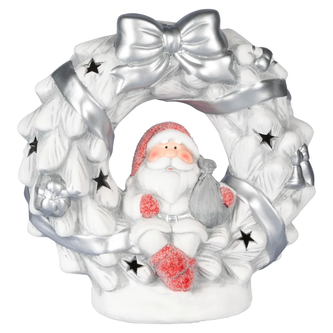 LED-Keramikfigur „Santa im Kranz“