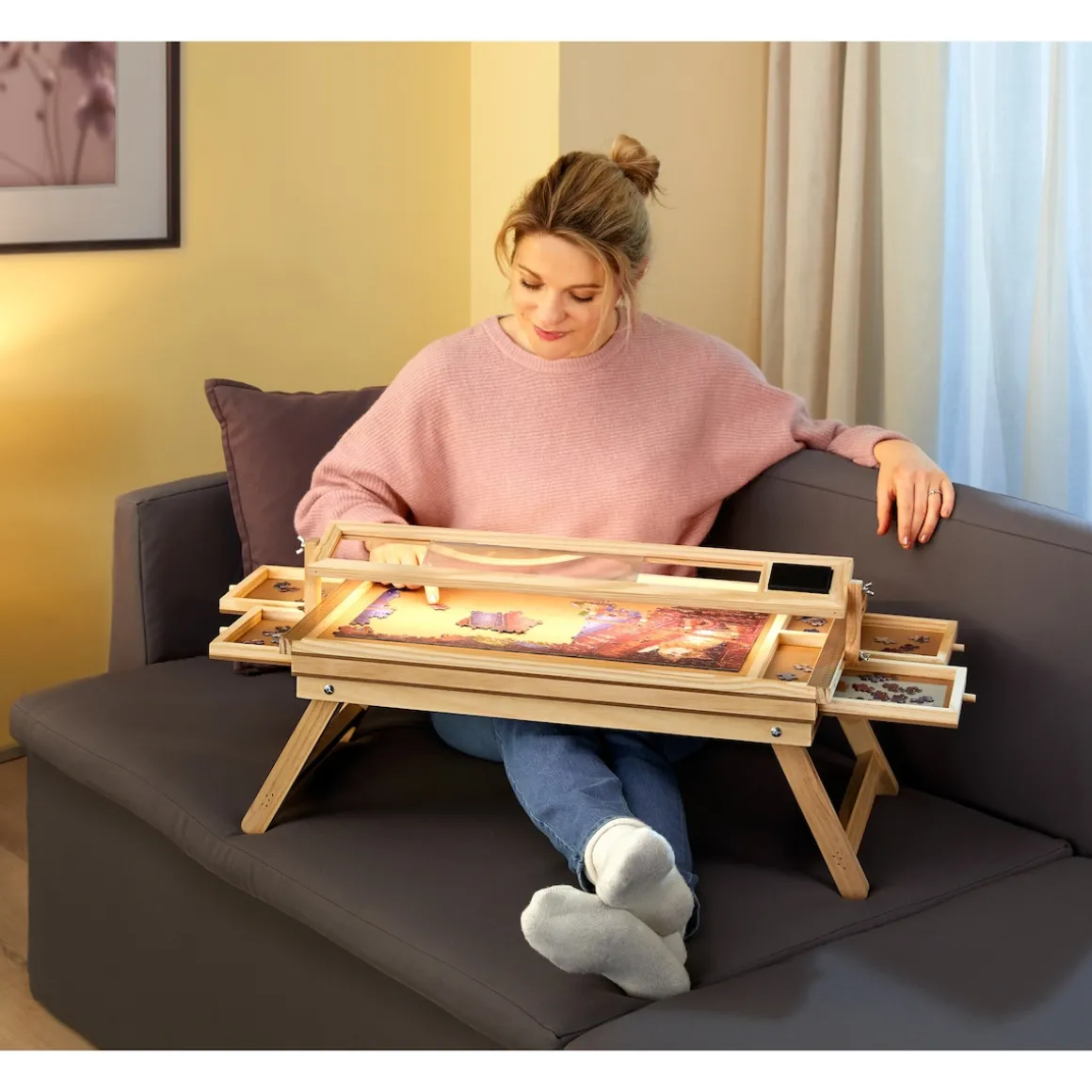 Puzzletisch "Premium" mit LED-Licht, 4 Schubladen, Lupe, mit Beinen, klappbar klein für 500 Teile