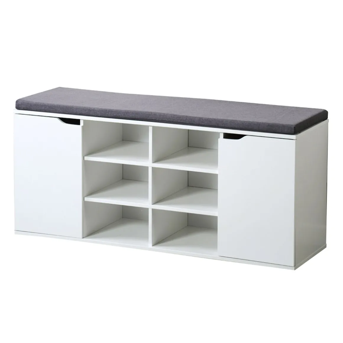 Schuhschrank mit Sitzkissen, 2 Türen und 6 Fächer weiß/grau