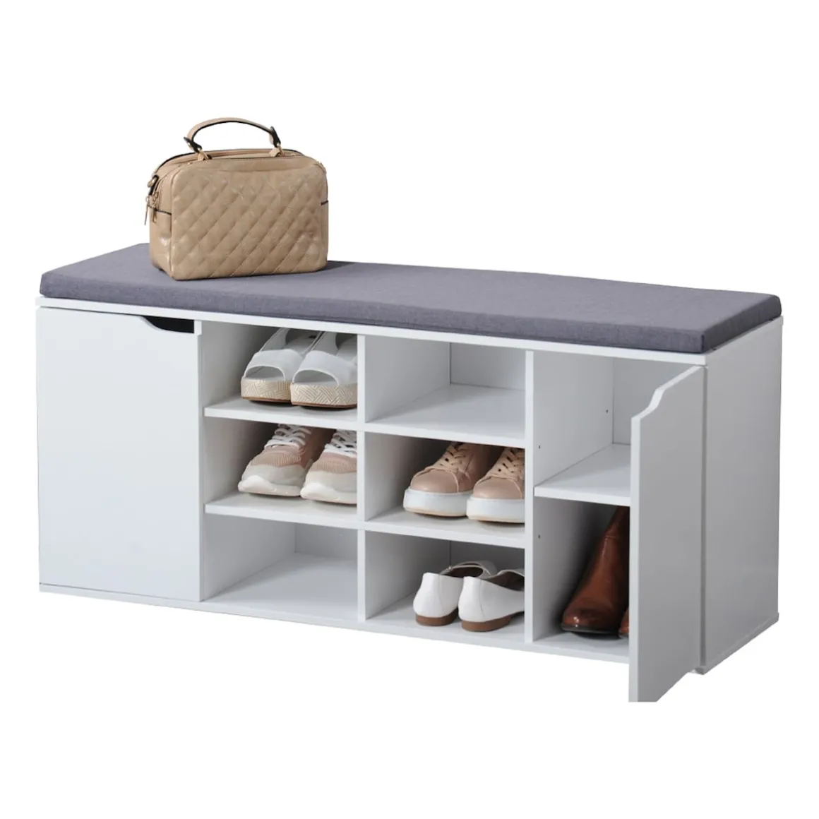 Schuhschrank mit Sitzkissen, 2 Türen und 6 Fächer weiß/grau