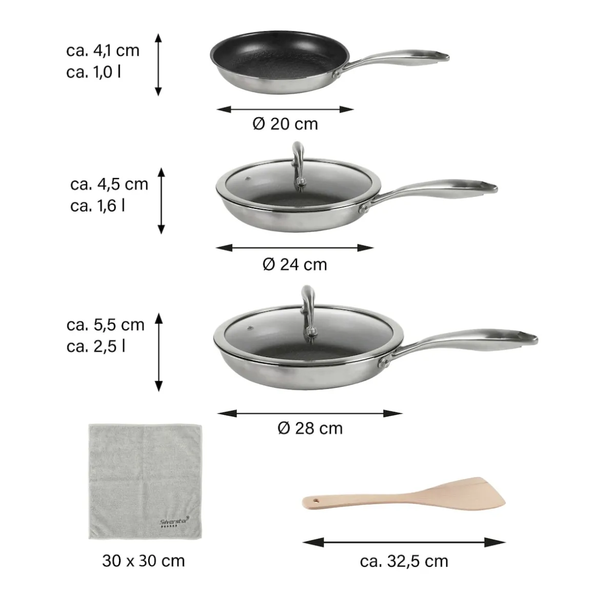 SILVERSTAR Edelstahl Pfannen-Set 7-teilig 20/24/28 | mit Deckeln