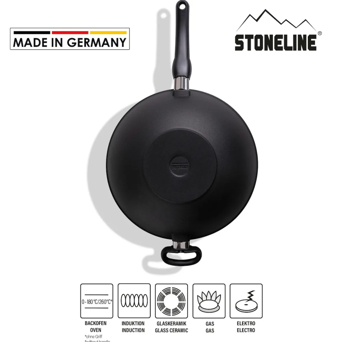 STONELINE Made in Germany Wokpfanne 32 cm mit abnehmbarem Griff | ohne Deckel - Schwarz