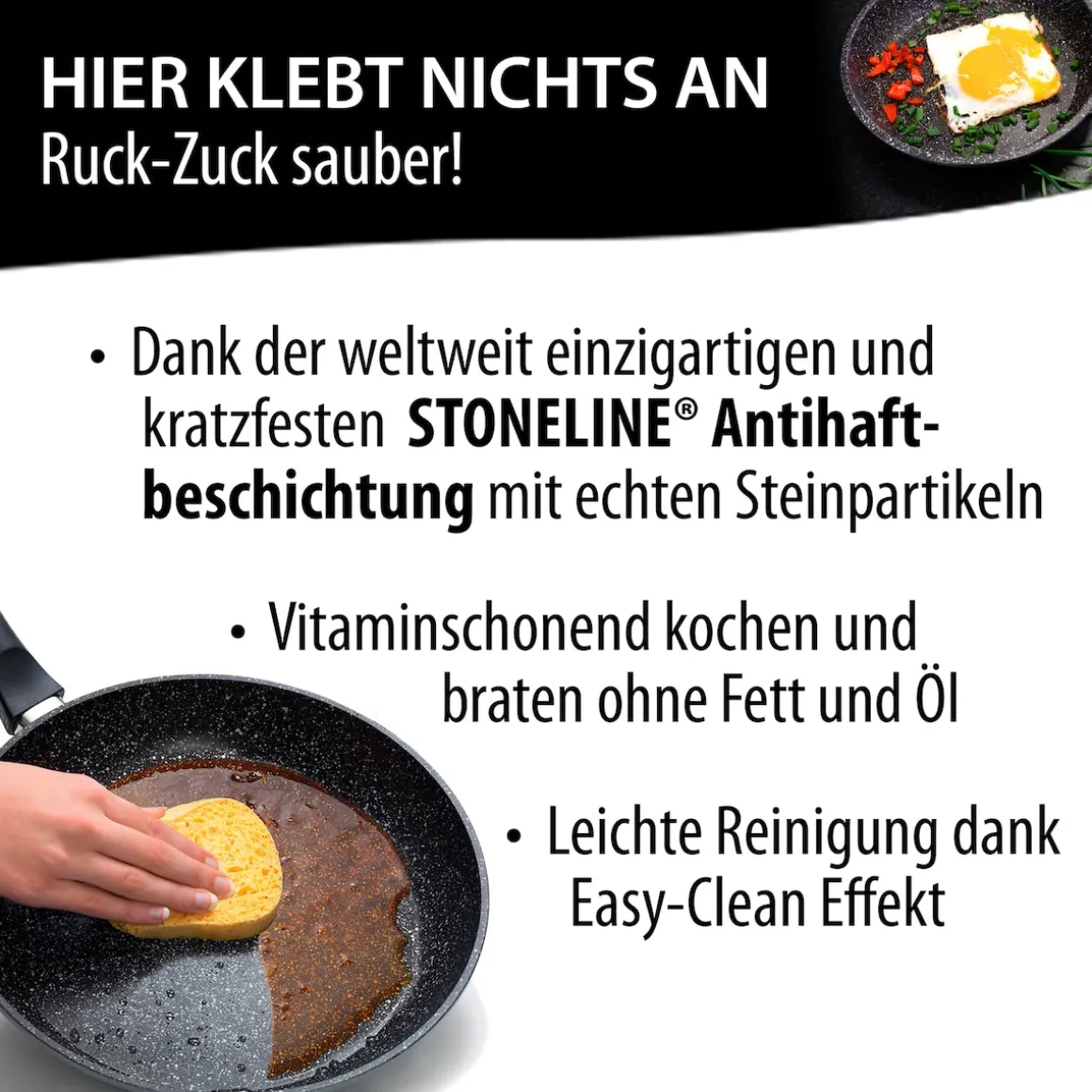 STONELINE Made in Germany Wokpfanne 32 cm mit abnehmbarem Griff | ohne Deckel - Schwarz